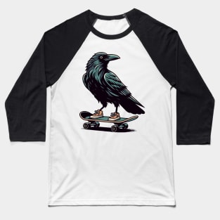 Crow standing on a skateboard Baseball T-Shirt